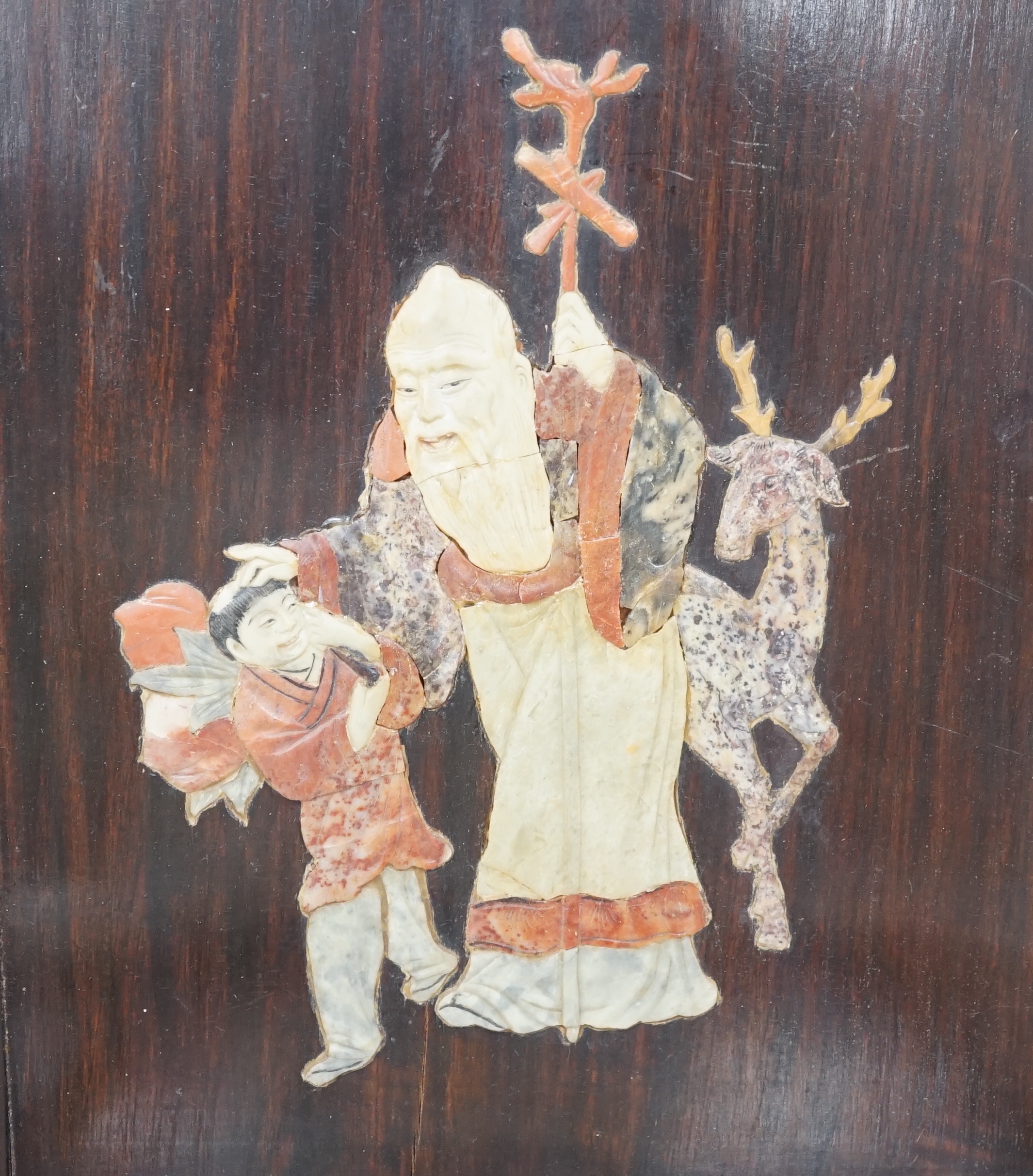 Three framed Chinese silk embroidered panels including a Beijing knot embroidered panel, two with applied butterflies, largest frame 31cm x 31cm